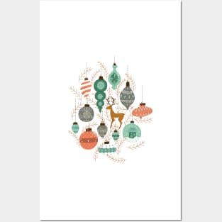 Holiday Ornaments in Coral + Aqua Posters and Art